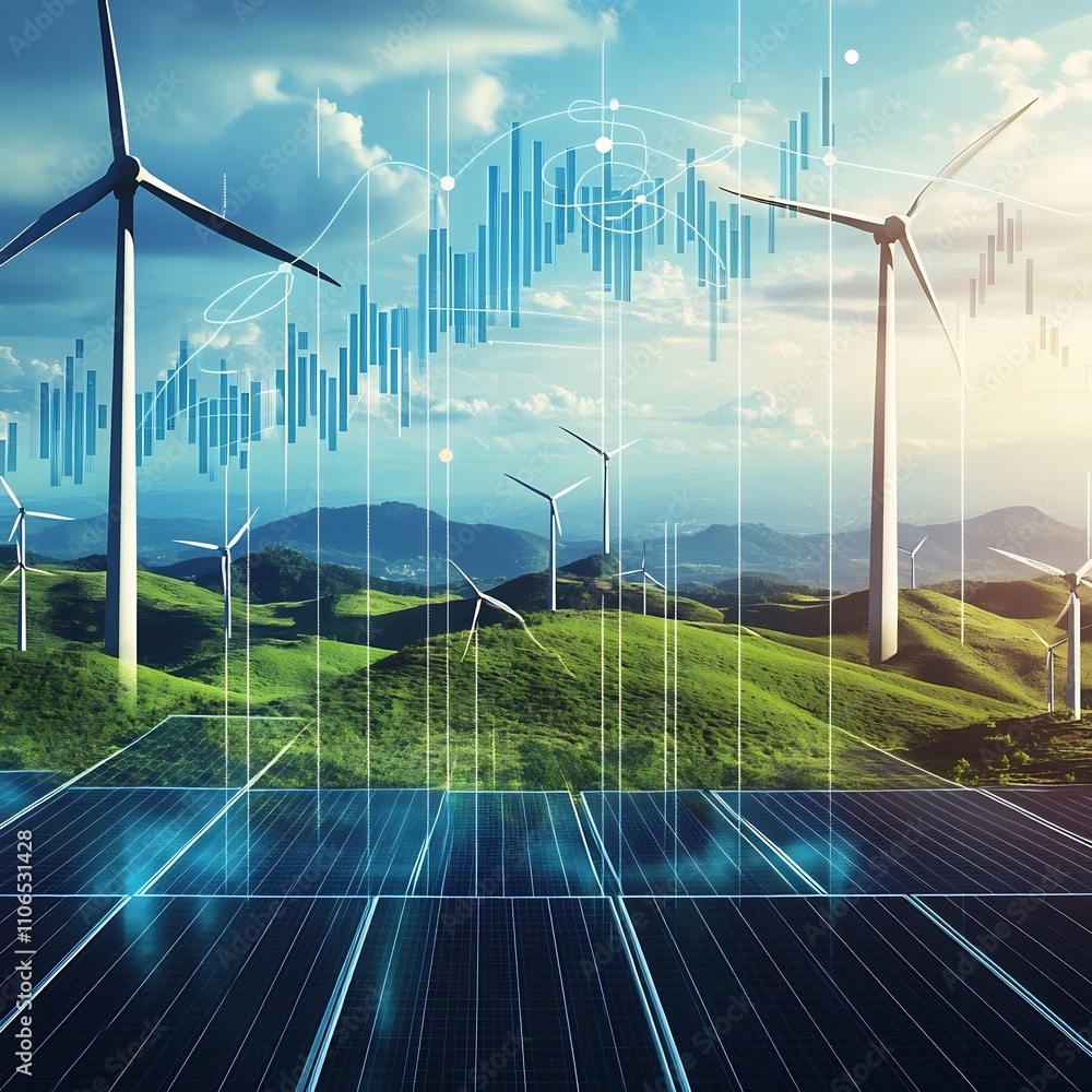 Poster a modern visualization of financial charts and graphs overlaying a field of renewable energy sources