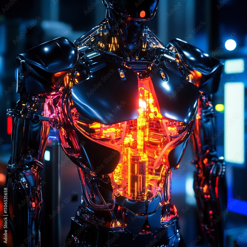 Poster a sleek futuristic robot torso with an advanced nanomaterial composition glowing internal components
