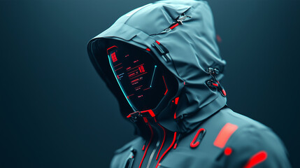 A cutting-edge high-tech jacket featuring AI-powered systems with a futuristic visor displaying digital information, enhanced by red and blue accents and designed for advanced performance in challengi
