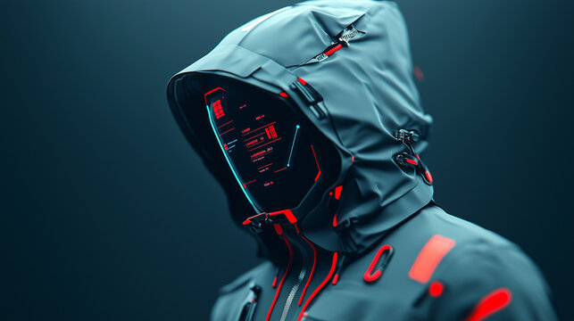 A cutting-edge high-tech jacket featuring AI-powered systems with a futuristic visor displaying digital information, enhanced by red and blue accents and designed for advanced performance in challengi