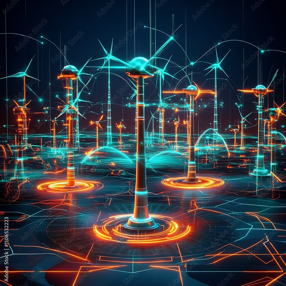 Poster abstract representation of renewable energy security featuring glowing wind turbines and solar array