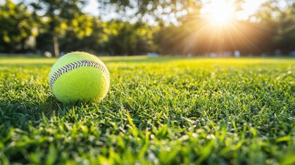 Bright Green Tennis Ball on Grass at Sunset with Sunlight Streaming Down in a Warm and Inviting Outdoor Environment for Sport Enthusiasts
