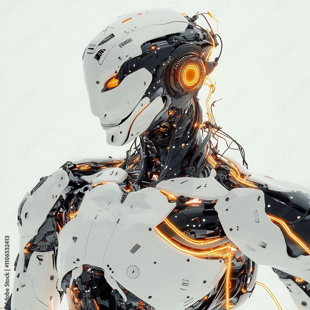 Poster an abstract representation of a lightweight futuristic robotic exoskeleton design featuring glowing 