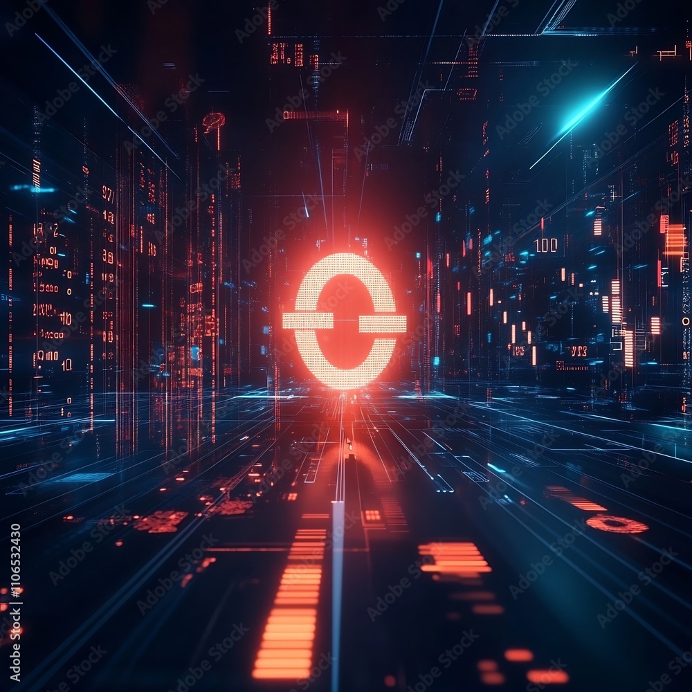 Poster an abstract futuristic scene with a glowing euro symbol floating inflation graphs and digital data p