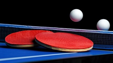 Dynamic Table Tennis Action with Paddles and Balls Captured Mid-Game, Highlighting Fast Movement and Intense Competition in an Indoor Sports Setting