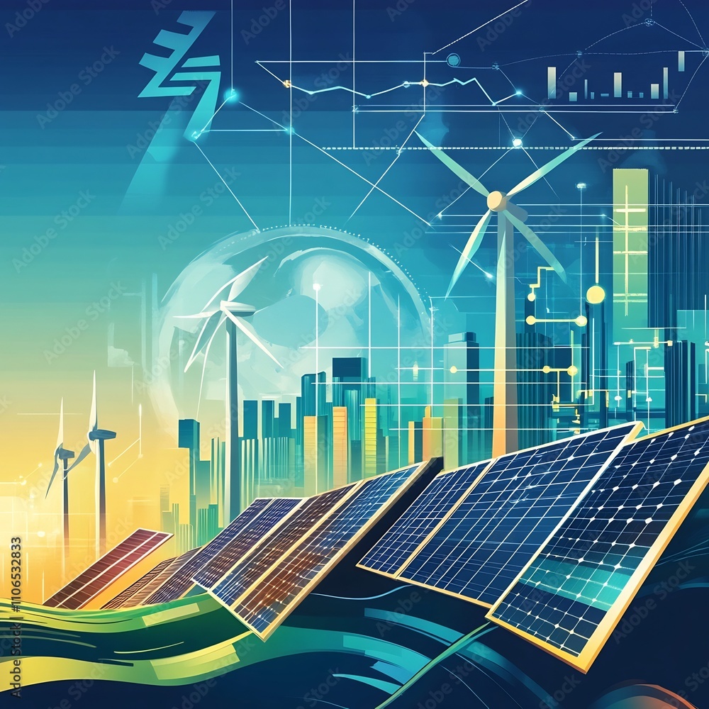Poster conceptual art composition blending renewable energy elements like solar panels and wind turbines wi