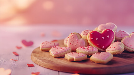 una tabla de madera con galletas decoradas en forma de corazon tiernas y romanticas para celebracion de san valentin con espacio de copia