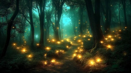 Obraz premium Ethereal Nighttime Forest with Glowing Orbs and Mystical Ambiance