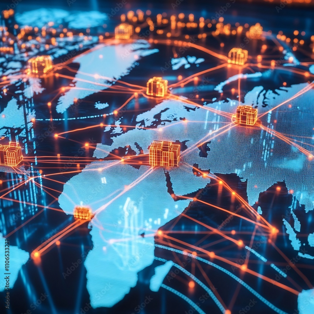Aufkleber conceptual design of a futuristic supply chain system with glowing digital pathways connecting facto