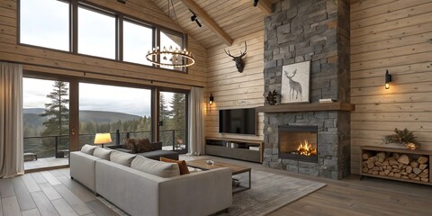 Rustic living room in modern hunting lodge – wooden walls, leather sofas, large windows overlooking the forest and rustic decoration