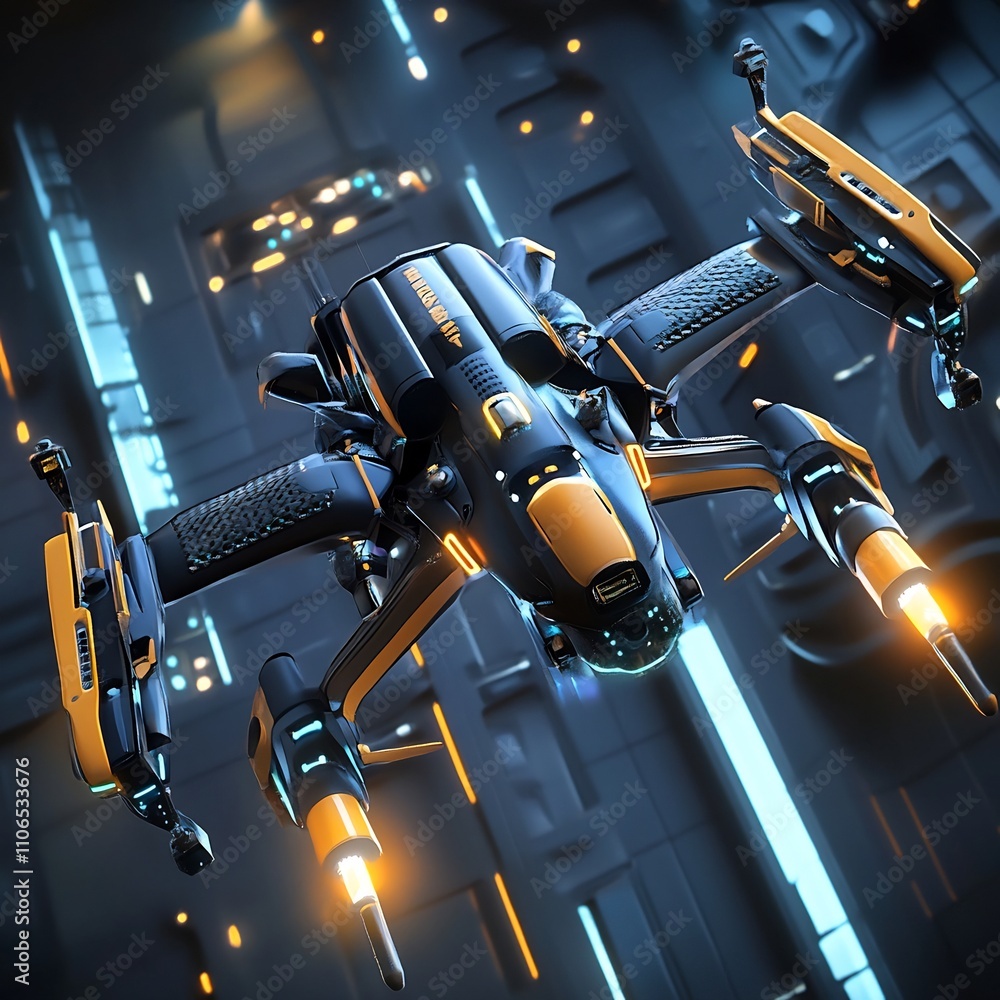 Poster cutting edge robotic drone hovering in futuristic digital landscape with innovative materials and gl