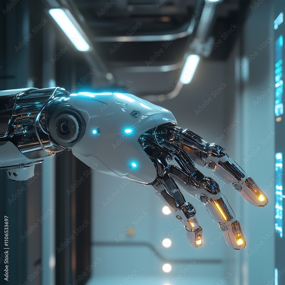 Poster cutting edge robotic hand made of advanced materials with glowing fingertips and intricate circuits 