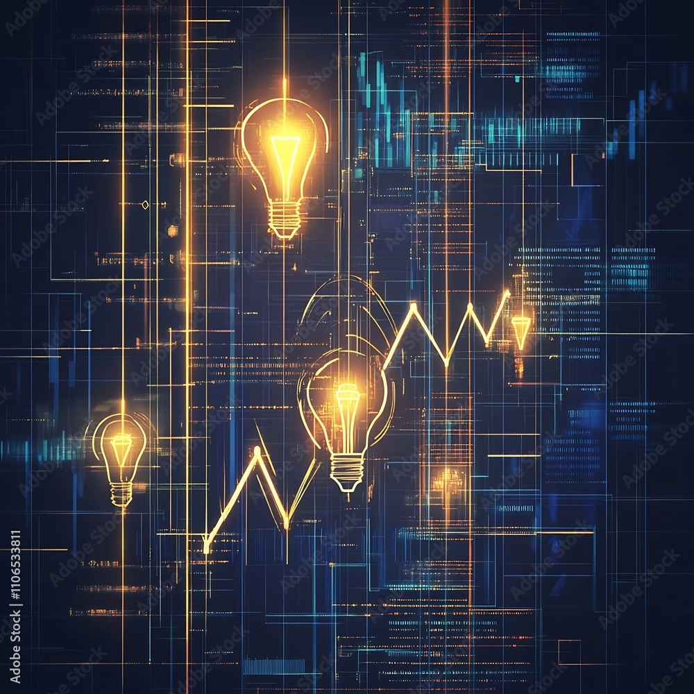 Aufkleber dynamic arrows lightbulbs and glowing financial data in a futuristic design representing the innovat