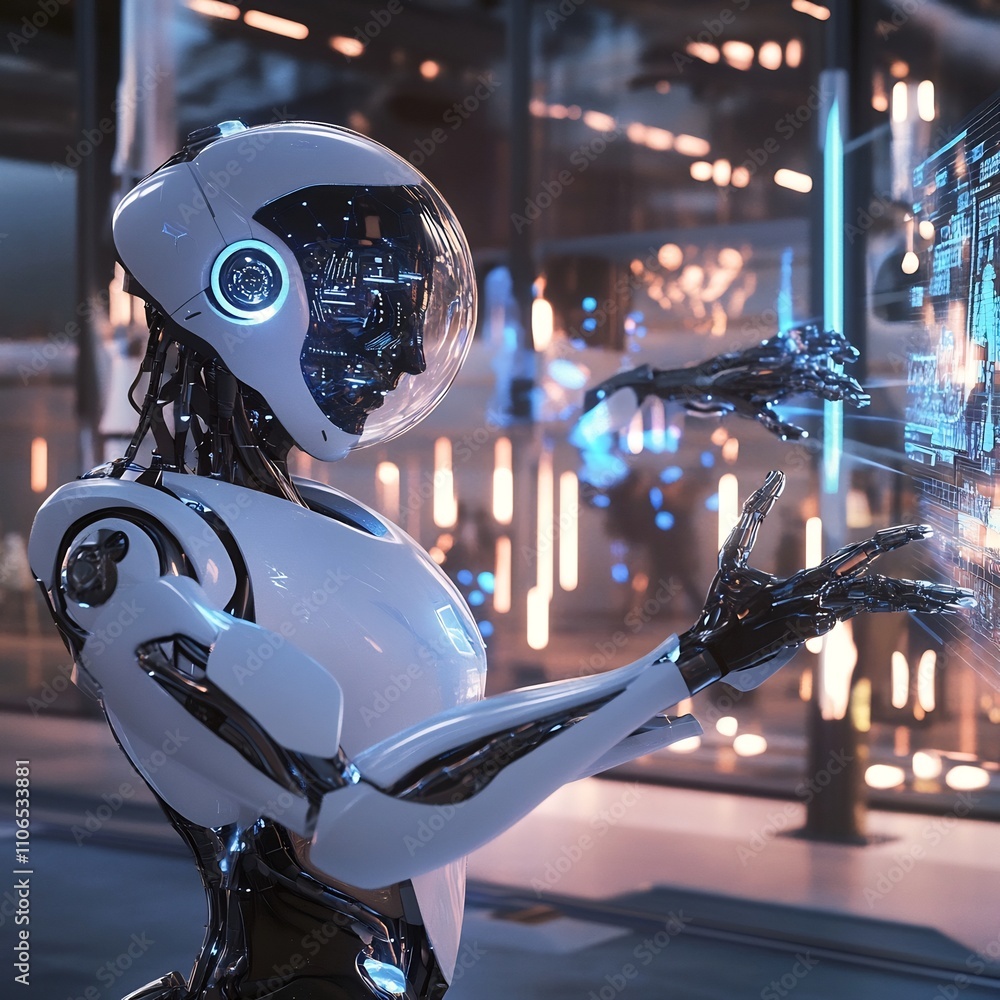 Poster dynamic scene showcasing robotic engineering with advanced alloys flexible materials and holographic