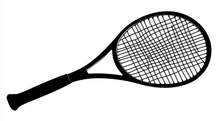 Black Silhouette of a Tennis Racket Isolated on White Background Ideal for Sport, Activity, Fitness, and Competition Themes
