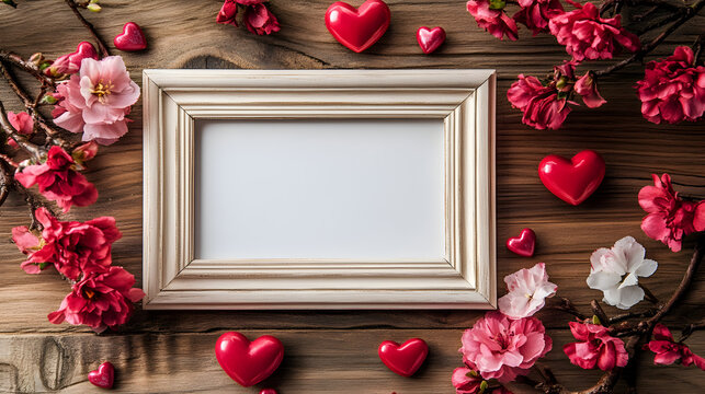 una mesa de madera o muro de madera con un marco o porta retrato vacio con decoraciones de flores y corazones en colores rosa y rojo concepto romantico de san valentin en febrero