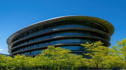 Modern architectural marvel featuring sleek glass facade and futuristic design, surrounded by lush greenery and clear blue skies on a bright sunny day