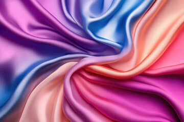 Obraz premium Close-up of intertwining pink, blue, and silver silk strands glistening in the light, creating a vibrant and elegant pattern.