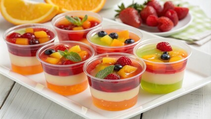 Colorful gelatinlike cups infused with fruit essence serving as delightful vessels for desserts and...