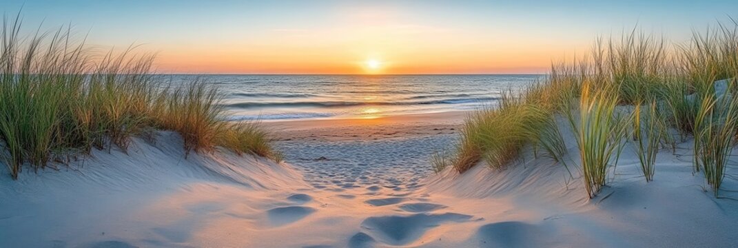 Panoramic View of Serene Beach at Sunset with Dunes and Ocean Horizon