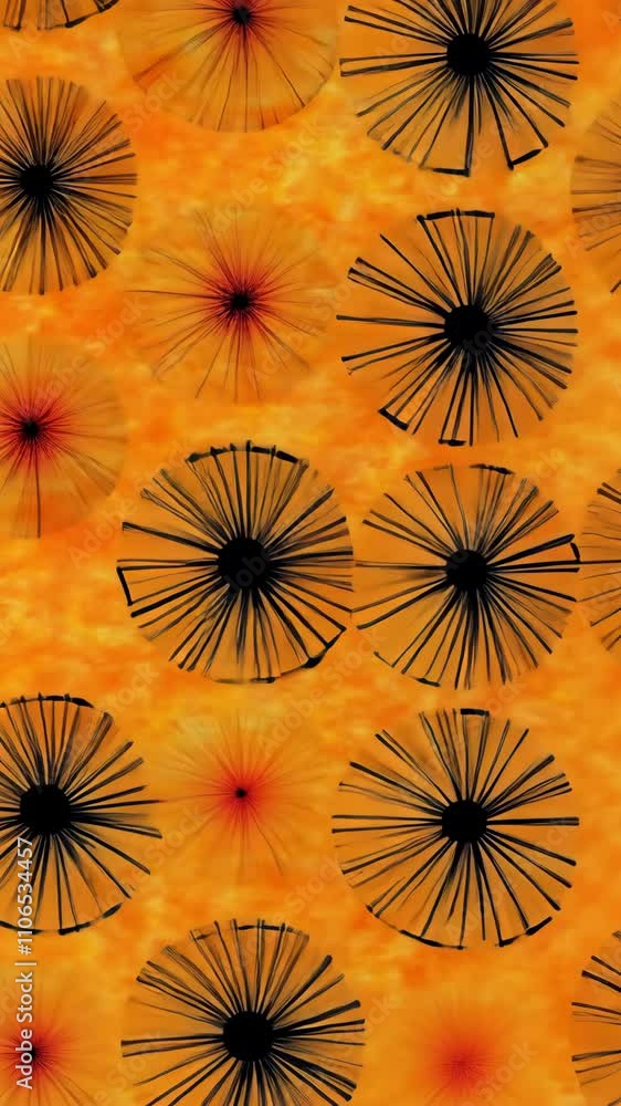 Poster intricate black and orange abstract pattern with radial designs and contrasting colors for visual im