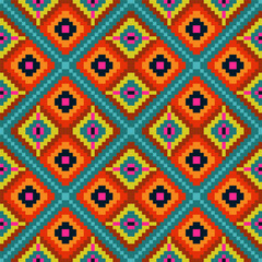 Bright seamless pixel pattern. Vivid tribal geometric squares ornament. Colorful rug background.
