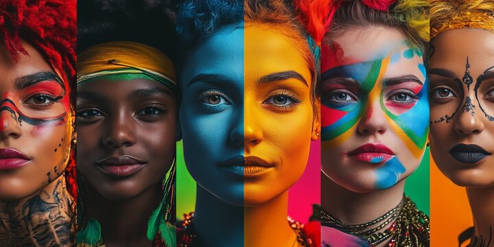 Diverse Women Smiling, Colorful Body Paint, Close-up Portraits