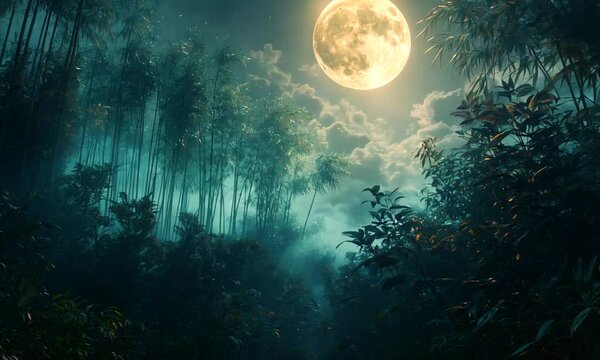 A full moon shines through the misty canopy of a dense bamboo forest.