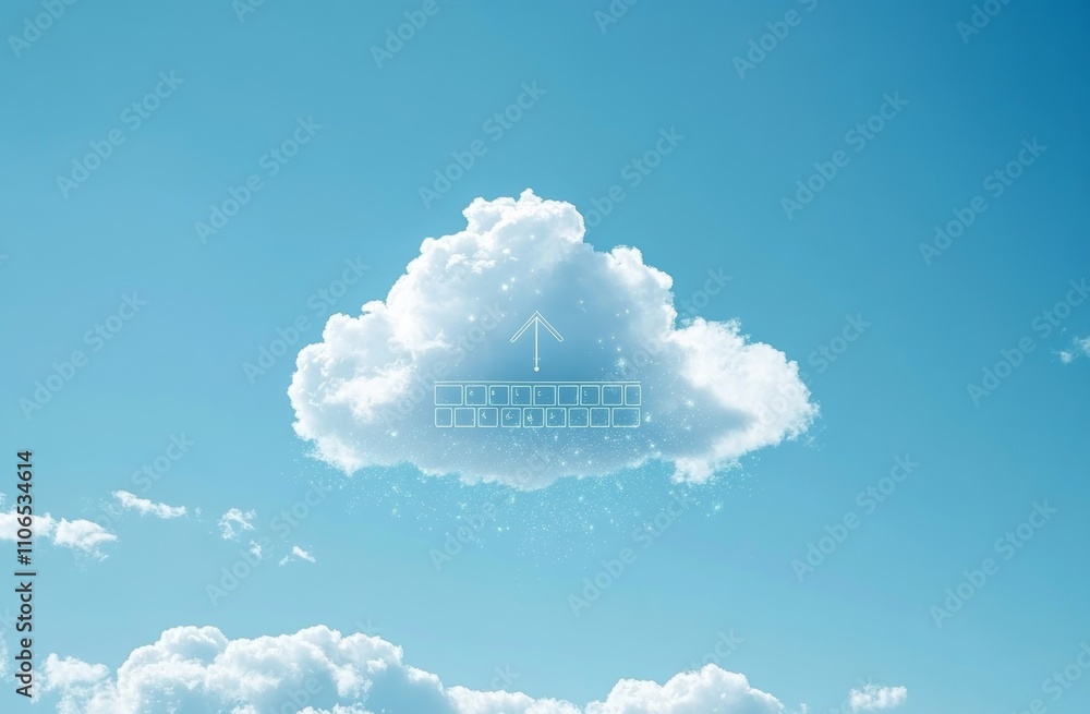 Poster cloud computing data transfer and application upload download concept in clear blue sky