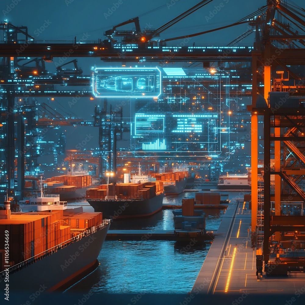 Aufkleber futuristic dockyard scene featuring autonomous ships automated loading cranes