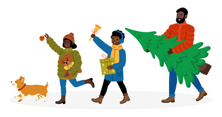 Celebrating holiday cheer with family and pets in a festive winter setting