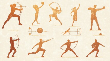 Vintage Style Illustration of Athletes Engaged in Different Sports Activities Featuring Archery, Discus Throw, and Javelin Throw in a Retro Design