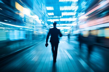 Fototapeta premium Businessman rushing through a vibrant city at night. Concept of success, hustle, and urban life.