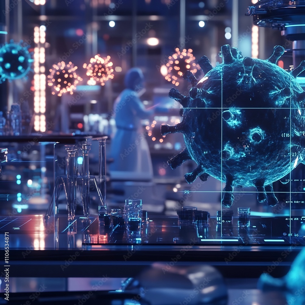 Poster futuristic high tech laboratory setting featuring glowing virus models automated medical tools and s