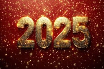 Golden 2025 text on glittery red backdrop	