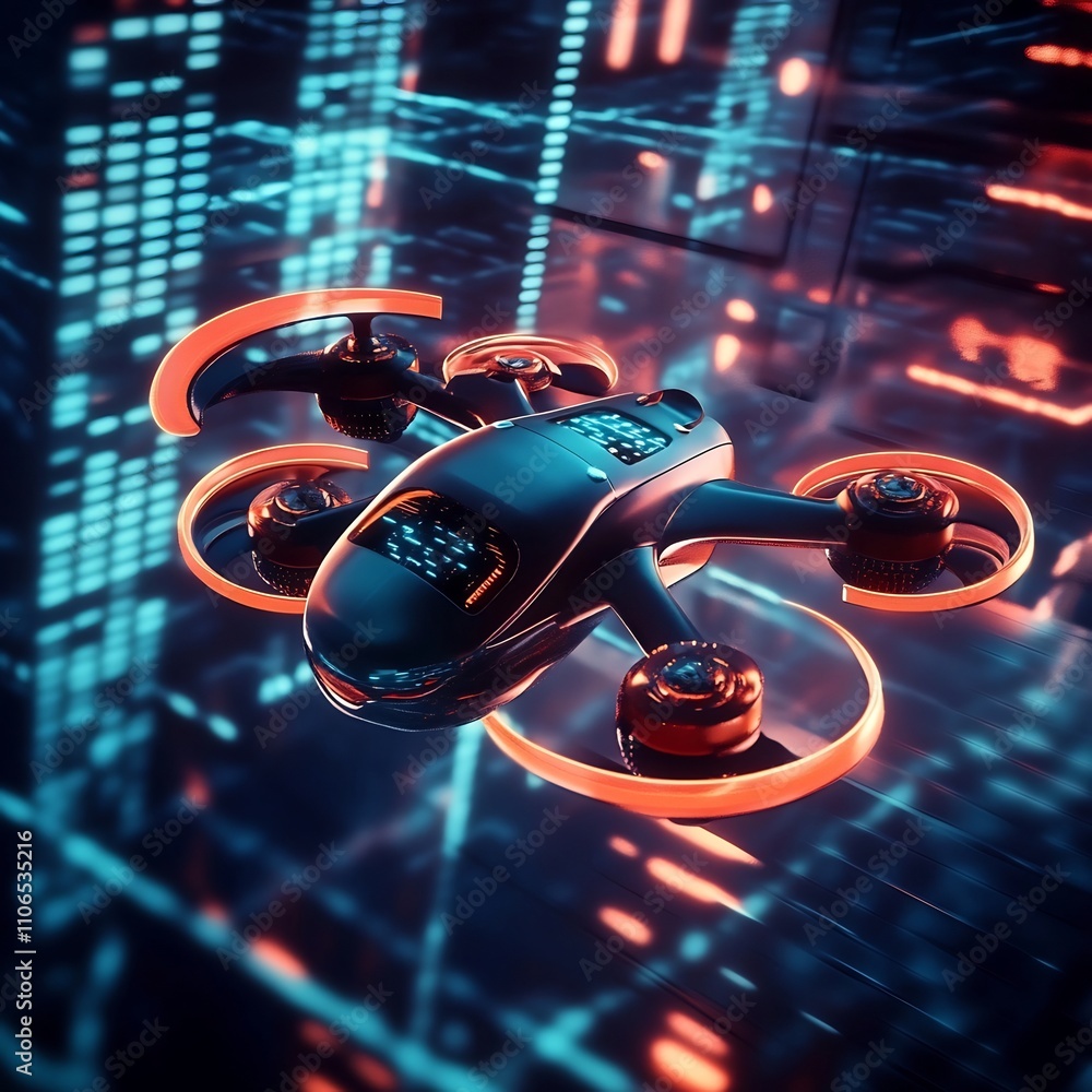 Poster futuristic robotic drone with innovative materials and glowing design elements hovering in a digital