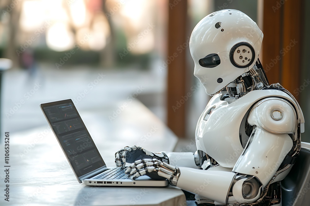 Poster robot working on laptop. concept of future technology, artificial intelligence, and automation.