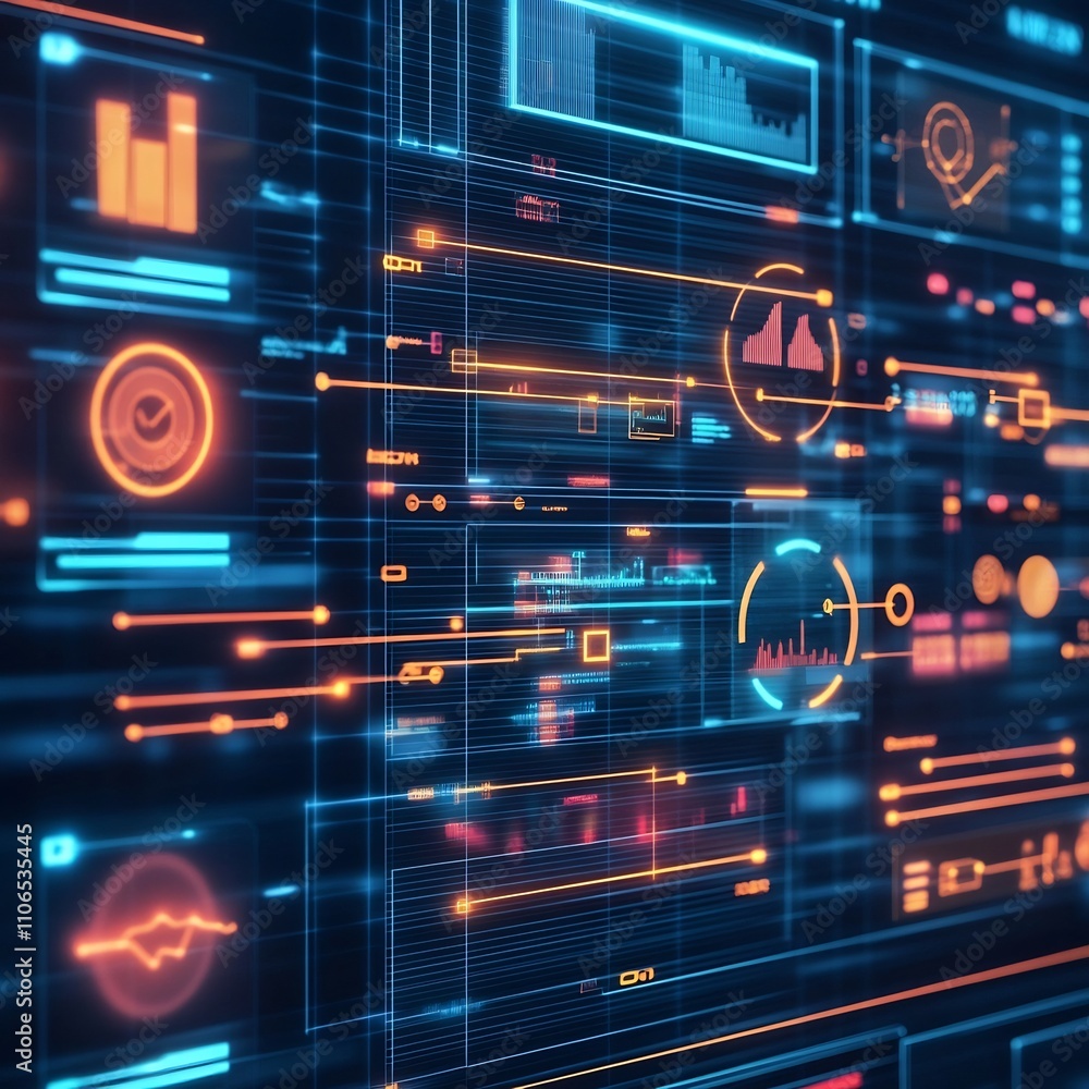 Poster futuristic visualization of cutting edge marketing analytics tools featuring glowing database icons 