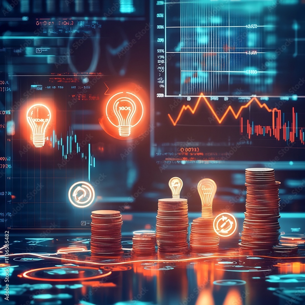 Poster futuristic workspace showcasing graphs charts and innovation symbols like lightbulbs and gears with 