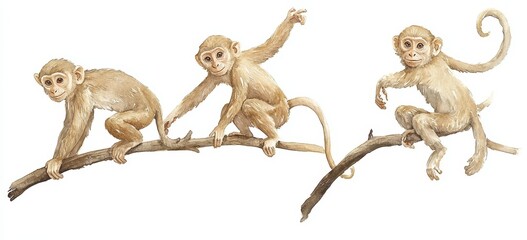 Obraz premium Watercolor illustration of playful monkeys with beige fur in dynamic poses on branches in natural setting isolated on white background