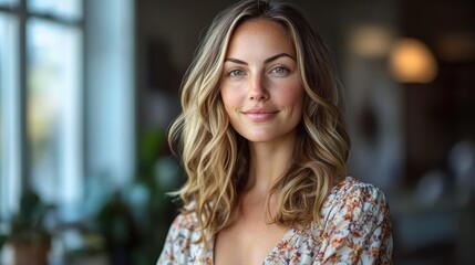 Obraz premium Woman with Blonde Hair Posing in Floral Top Portrait in Modern Interior Natural Lighting