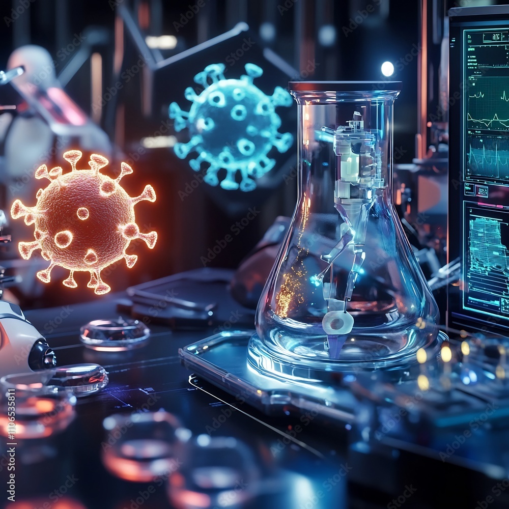 Poster high tech medical lab scene with glowing virus models automated tools and scientists monitoring holo