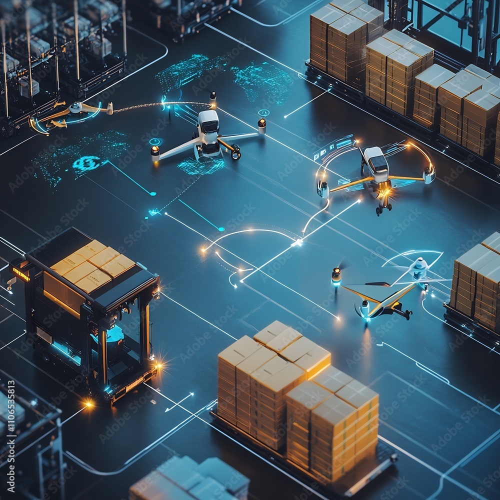 Aufkleber high tech logistics hub featuring autonomous drones for package delivery robotic forklifts for mater
