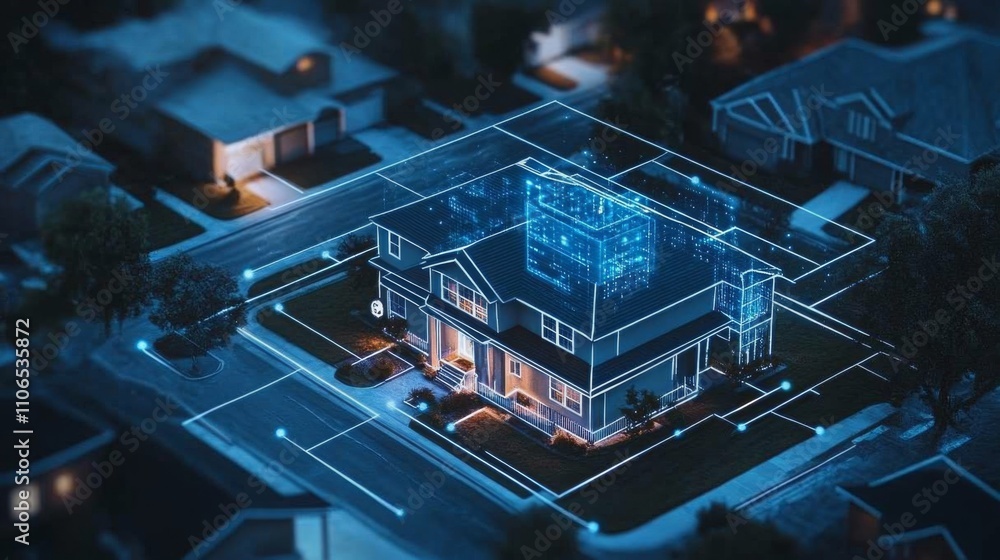Aufkleber A smart residential property illuminated at night showcases an interactive AI design that highlights digital features and enhancements.