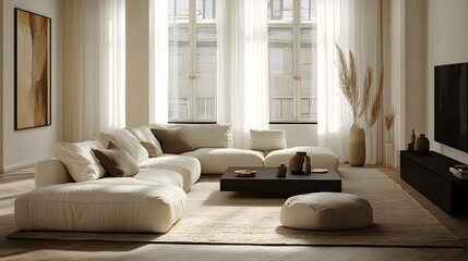  Minimalist home interior design of spacious modern living room with a sectional sofa and large windows. 