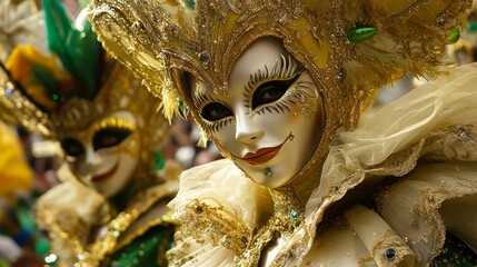 Close-up of two women wearing elaborate, gold and white Venetian masks during a carnival parade.