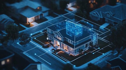 A smart residential property illuminated at night showcases an interactive AI design that highlights digital features and enhancements.