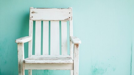 White wooden chair against a teal wall.