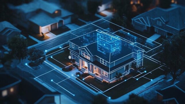 A smart residential property illuminated at night showcases an interactive AI design that highlights digital features and enhancements.
