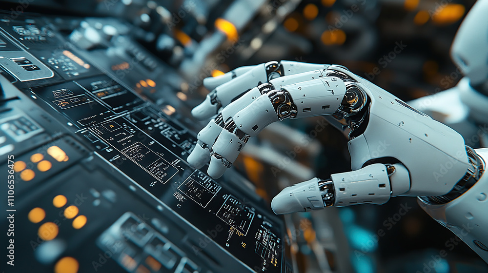 Poster a humanoid robot is working on a computer, in a futuristic style with a white color tone